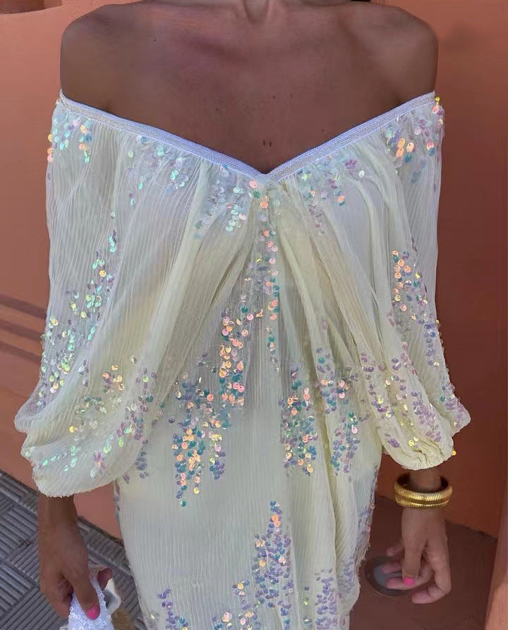 Popular Batwing Sleeve Sequined Deep V Plunge neck Maxi Dress