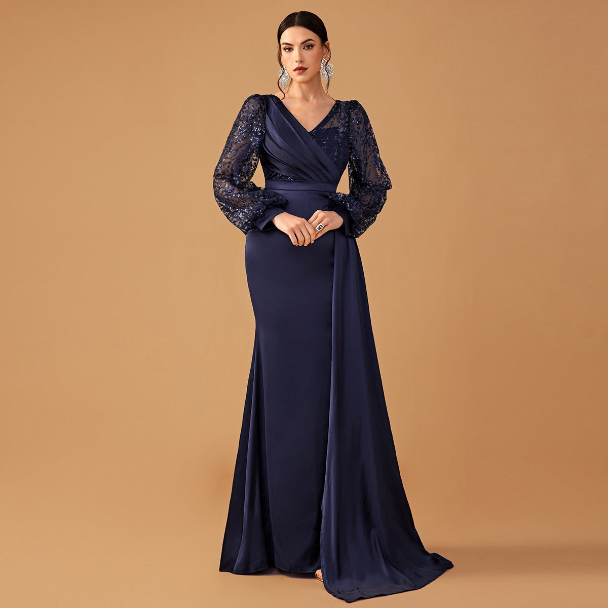 Cocktail Party Evening Dress Sequined Satin V neck Long Sleeve Elegant Evening Gown