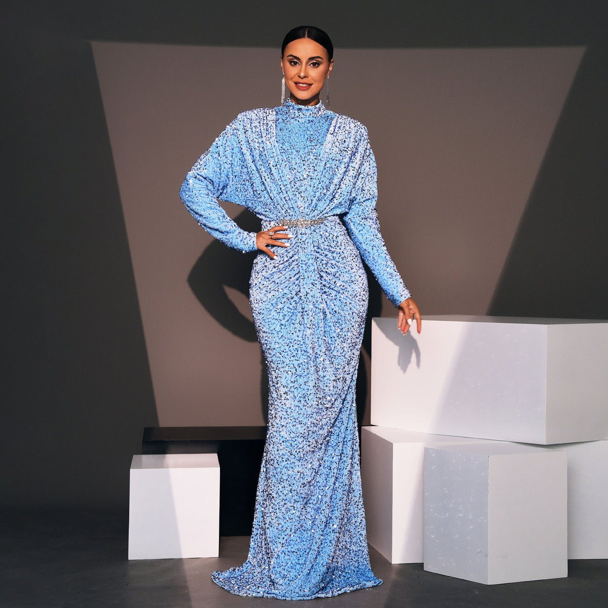 Long Sleeve Long Sequined round Neck Cocktail Evening Dress Bridesmaid
