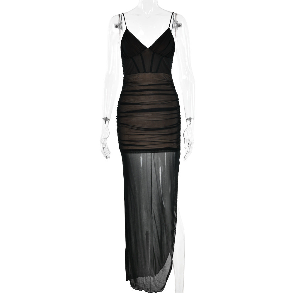 V neck Strap See through Gauze Stitching High Slit Maxi Dress
