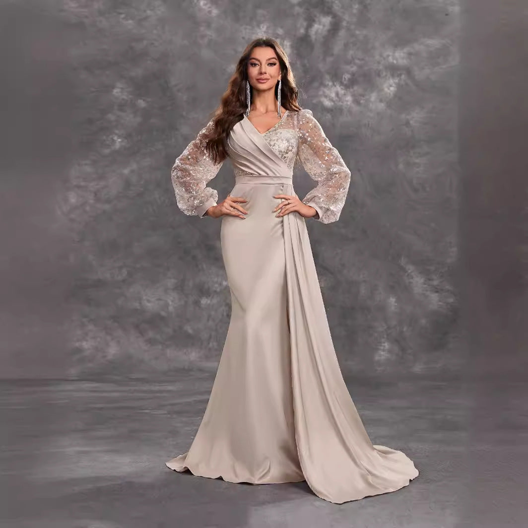 Cocktail Party Evening Dress Sequined Satin V neck Long Sleeve Elegant Evening Gown