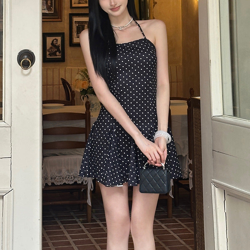 Retro waist A-line slim polka dot suspender dress