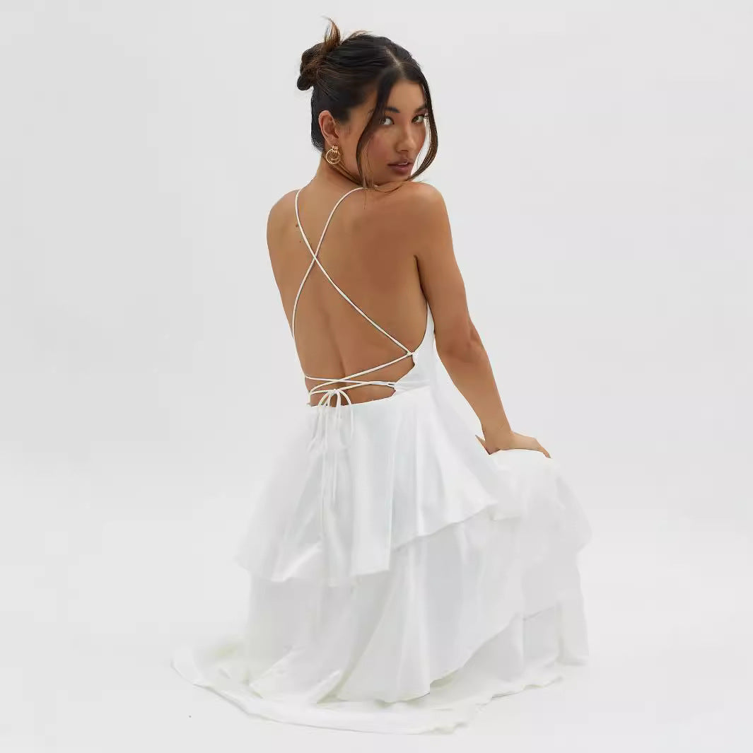 Tiered Dress Deep V Plunge Neck Backless Lace Up Dress