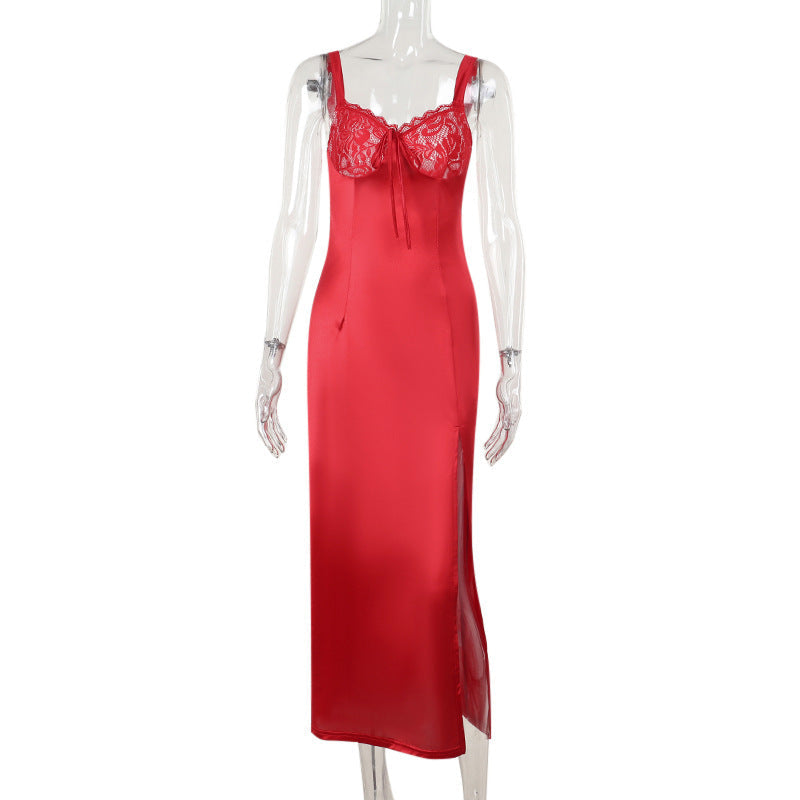 Maxi Dress Socialite Elegant Slim Satin Split Sling Dress