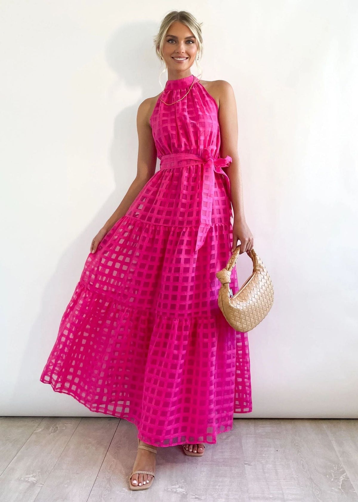 StCollar Solid Color Plaid Retro Maxi Dress Casual Dress for