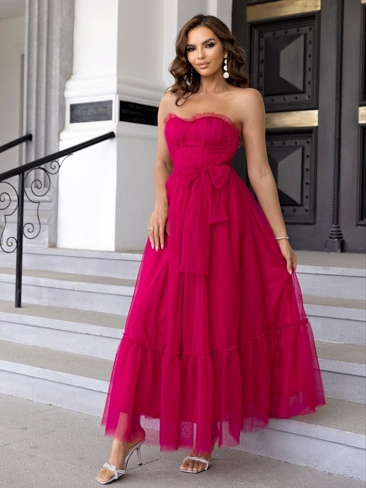Mesh Dress Lace up Dress Ruffled Tied Mesh Straight