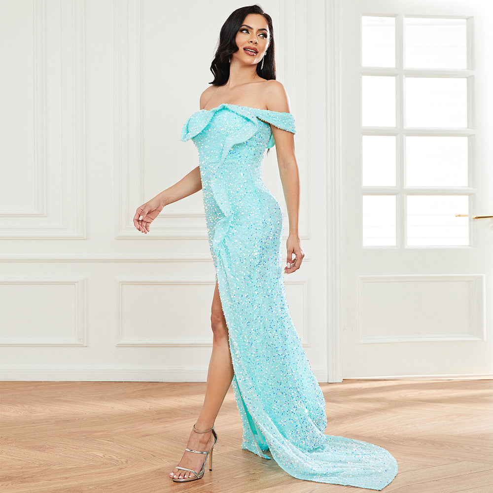Sleeveless Elegant Long Sequined off Neck Backless Dress