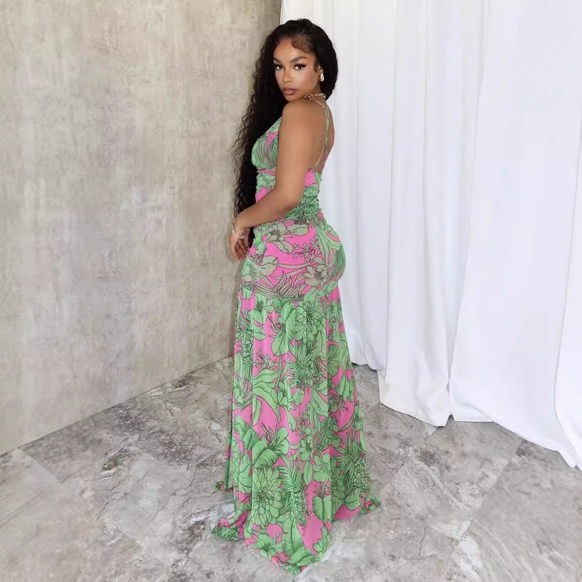 Spaghetti Strap Floral Print Pleating Slit Dress Long