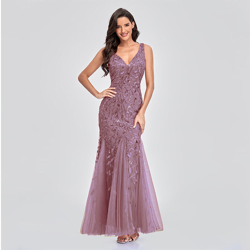 Evening Dress V neck Tulle Embroidered Sequ Mermaid Prom Formal Dress
