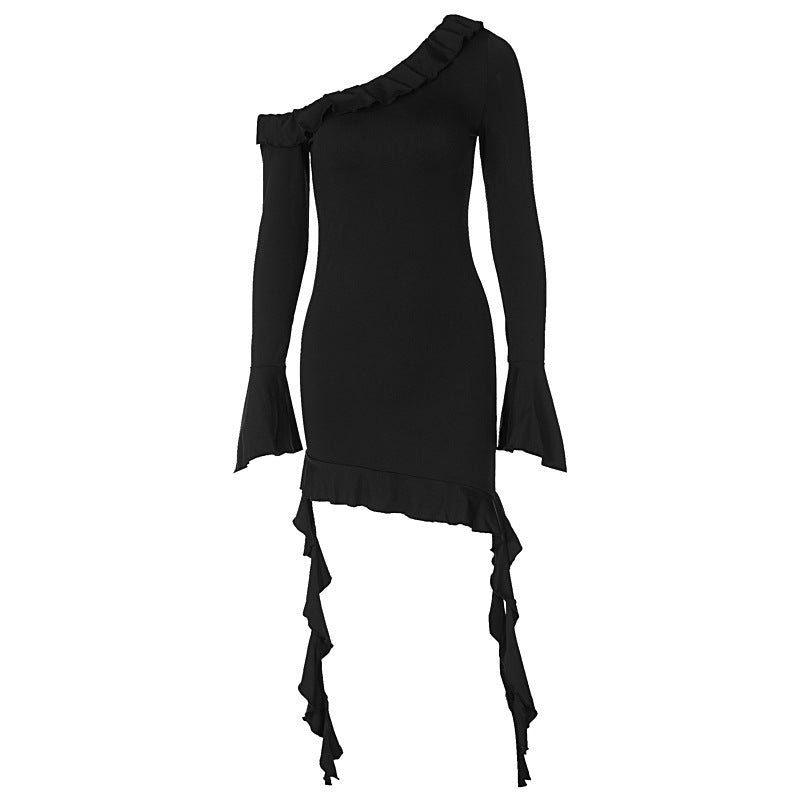 Short Sleeve Diagonal Collar Slim Fit Backless Ear Dress