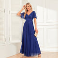 Elegant Double V neck Short Sleeve Shiny Bright Formal Dress A line Fully Lined Chiffon Dress