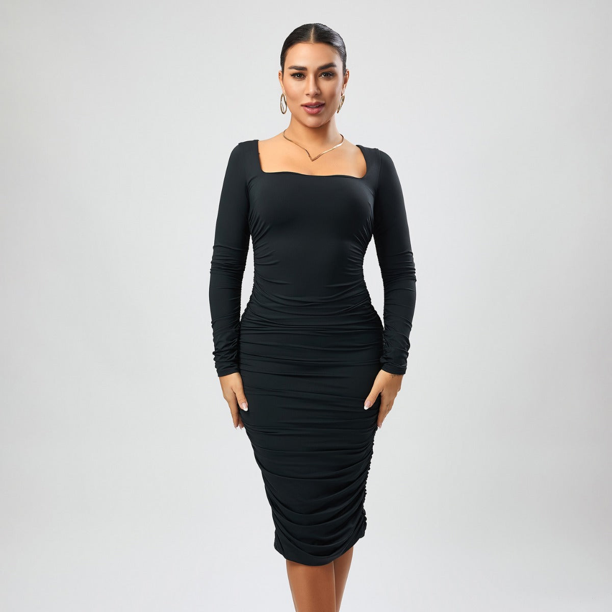 Stretch Solid Color Square Collar Ruffle Hip Slim Fit Mid Length Dress
