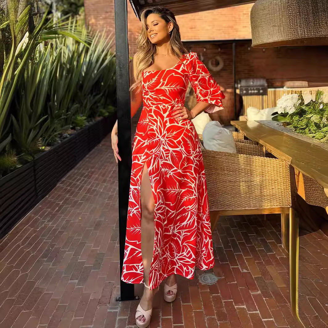 Half Cold Shoulder Elegant Bubble Half Sleeve High Slit Maxi Dress