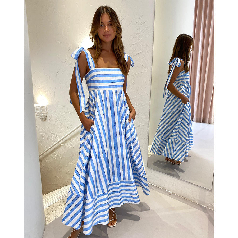 Striped Print Fresh Sweet Lace Up Large Swing Dress