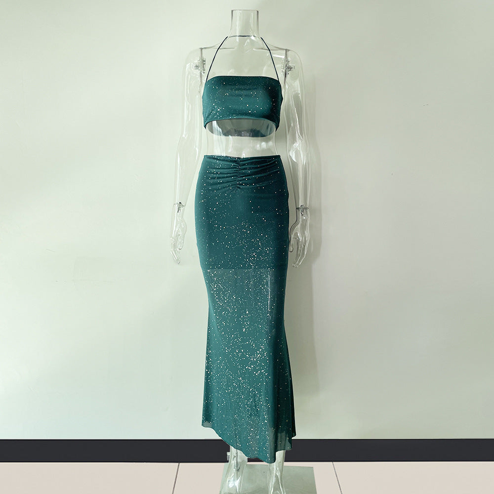 Mesh Camisole Vest Cropped Midi Dress Two Piece Vacation Sequined Sets