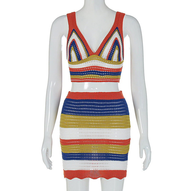 Colorblock Sling Slim Fit Hip Wrapped Short Dress Knitting Suit