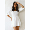 Solid Color U-Collar Tight Waist Fresh Sweet Short Dress