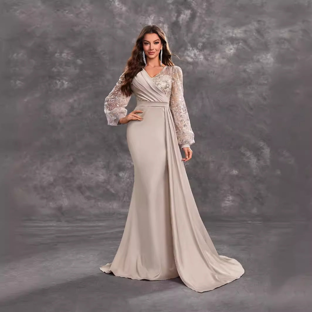 Cocktail Party Evening Dress Sequined Satin V neck Long Sleeve Elegant Evening Gown