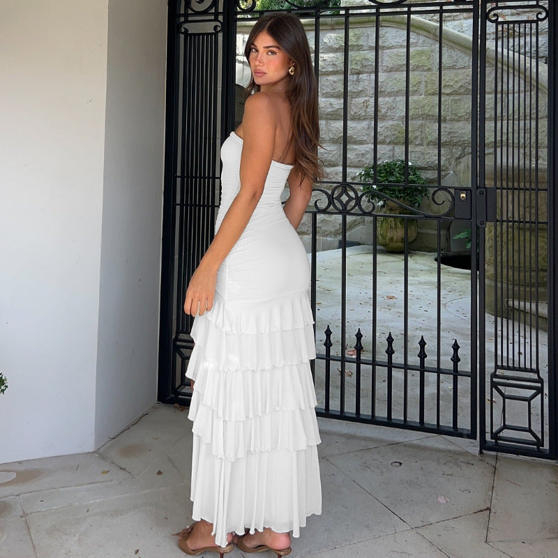 Solid Color Wrapped Chest Pleated Slim Fit Patchwork Split Dress High Sense