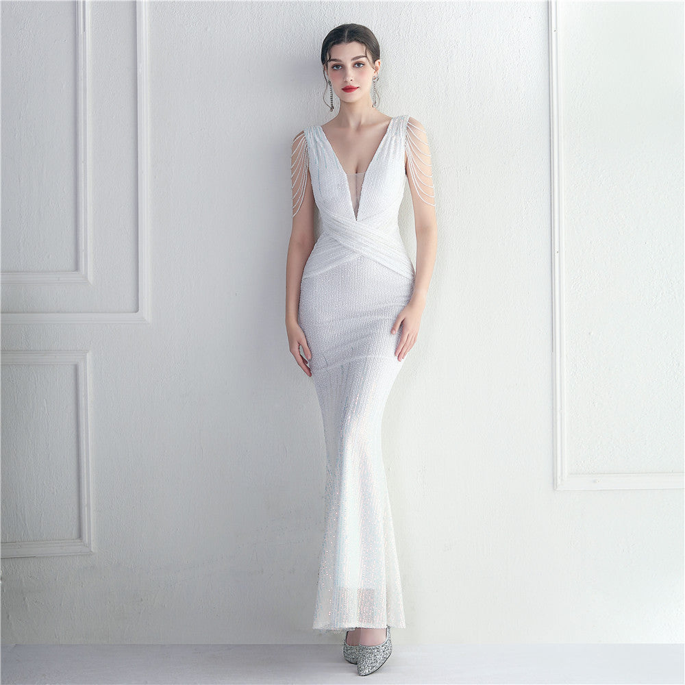 Craft Beaded Sequined Car Model Exhibition Host Dinner Long Evening Dress Fishtail Dress