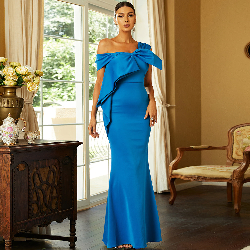 Diagonal Collar Sleeveless Elegant Slim Long Solid Color Cocktail Bridesmaid Dress Evening