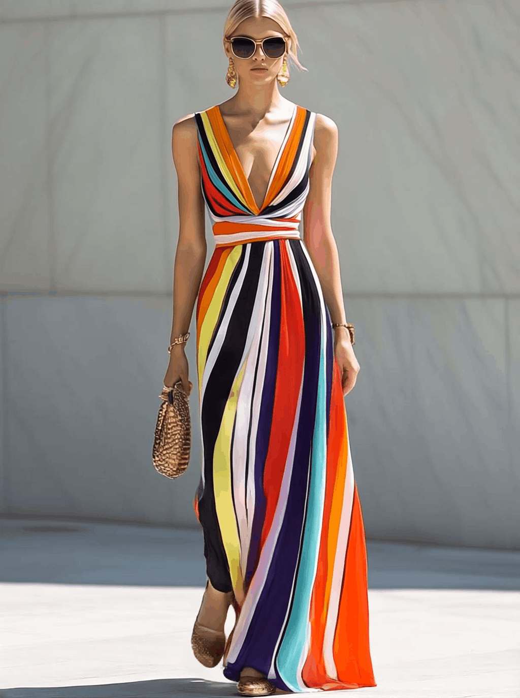 ¡¾24-hour shipping out¡¿Elegant Flowing V-neck Rainbow Stripe Print Chiffon Maxi Dress