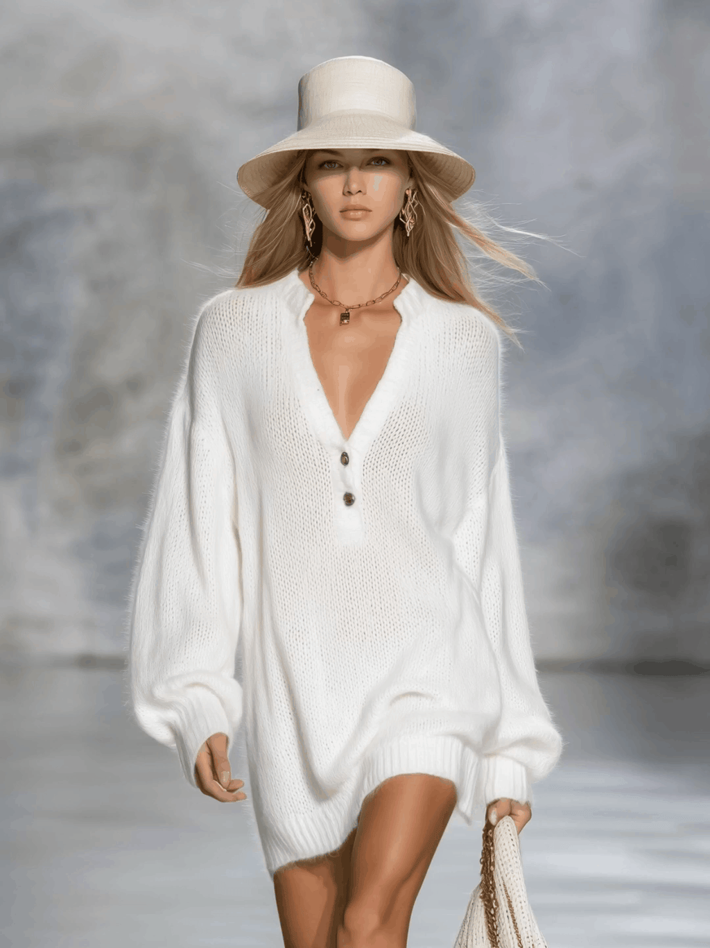 Casual Elegant V-neck Solid Color Knitted Mini Dress