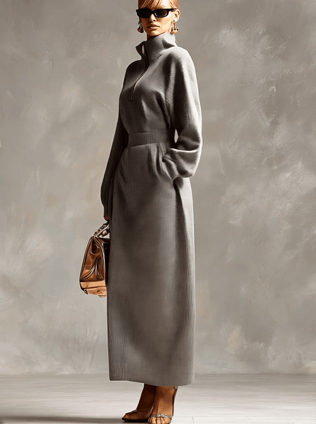 Exquisite Casual Lapel Front Zipper Long Sleeve Light Gray Waffle Fabric Maxi Dress
