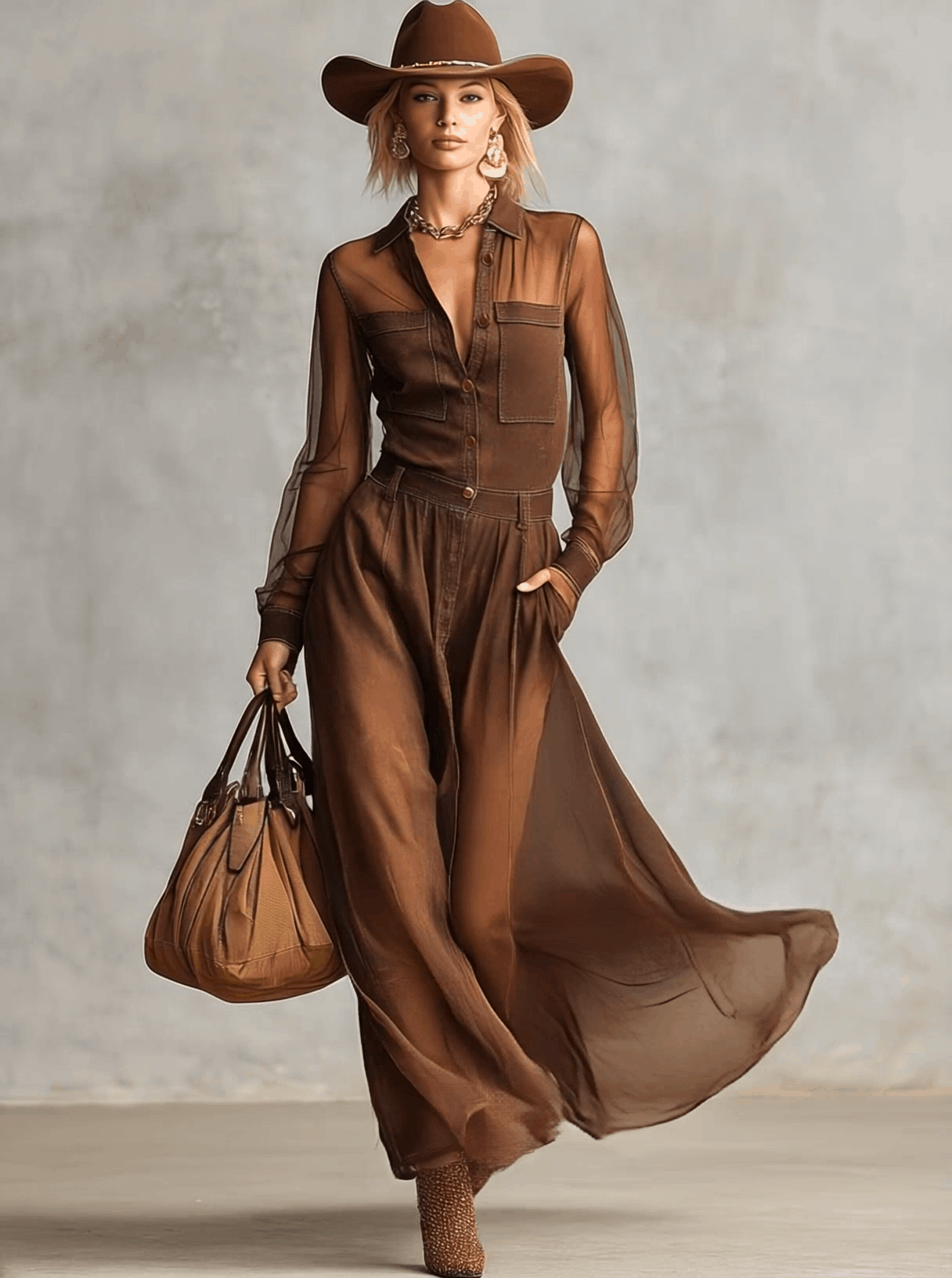 Vintage Western Front Button V-neck Long-sleeved Organza Stitching Brown Cotton Maxi Dress