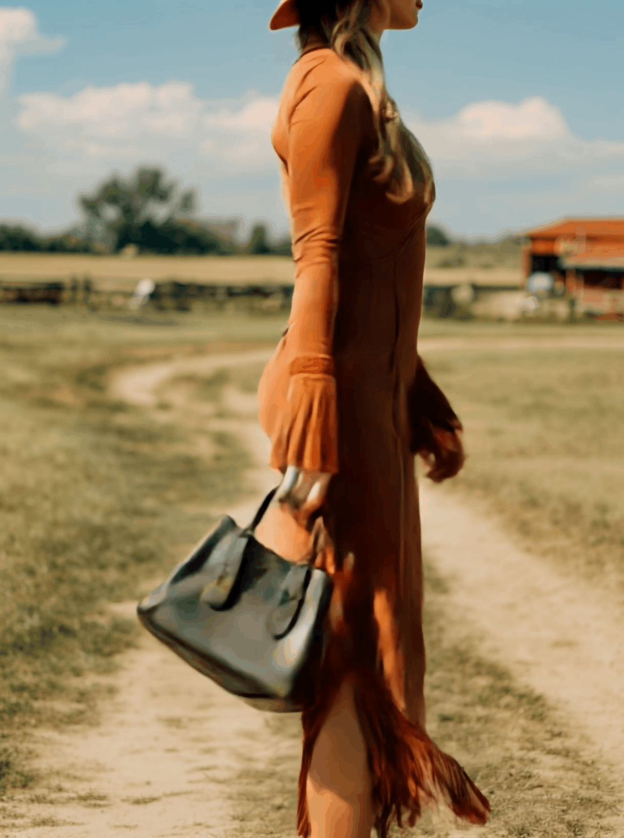 Western Retro Brick Red Cotton Long Sleeve Tassel Maxi Dress