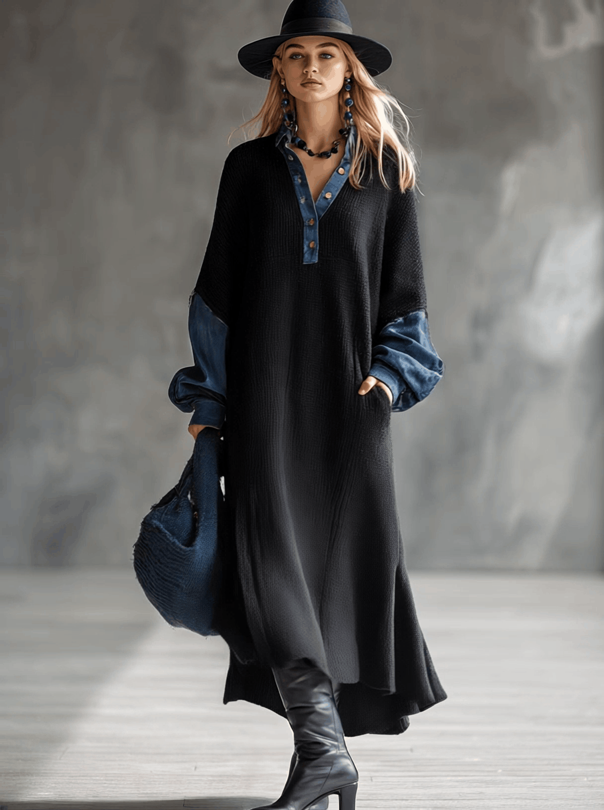 Fashionable Casual Black Knitted Denim Trim Maxi Dress