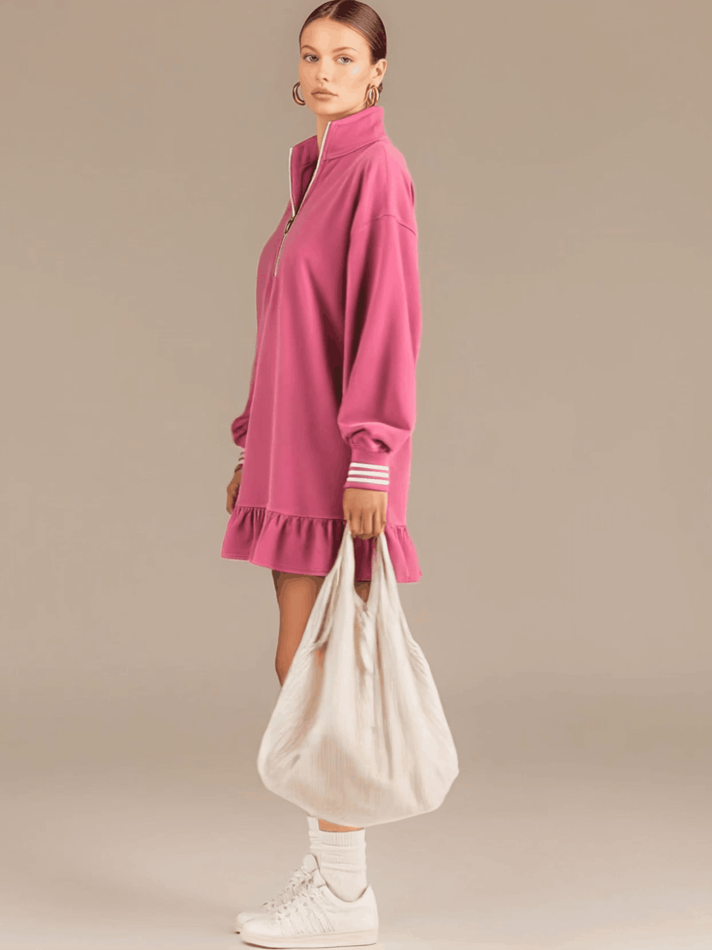 Sporty Retro Pink Cotton Half-Zip Ruffle Sweatshirt Mini Dress