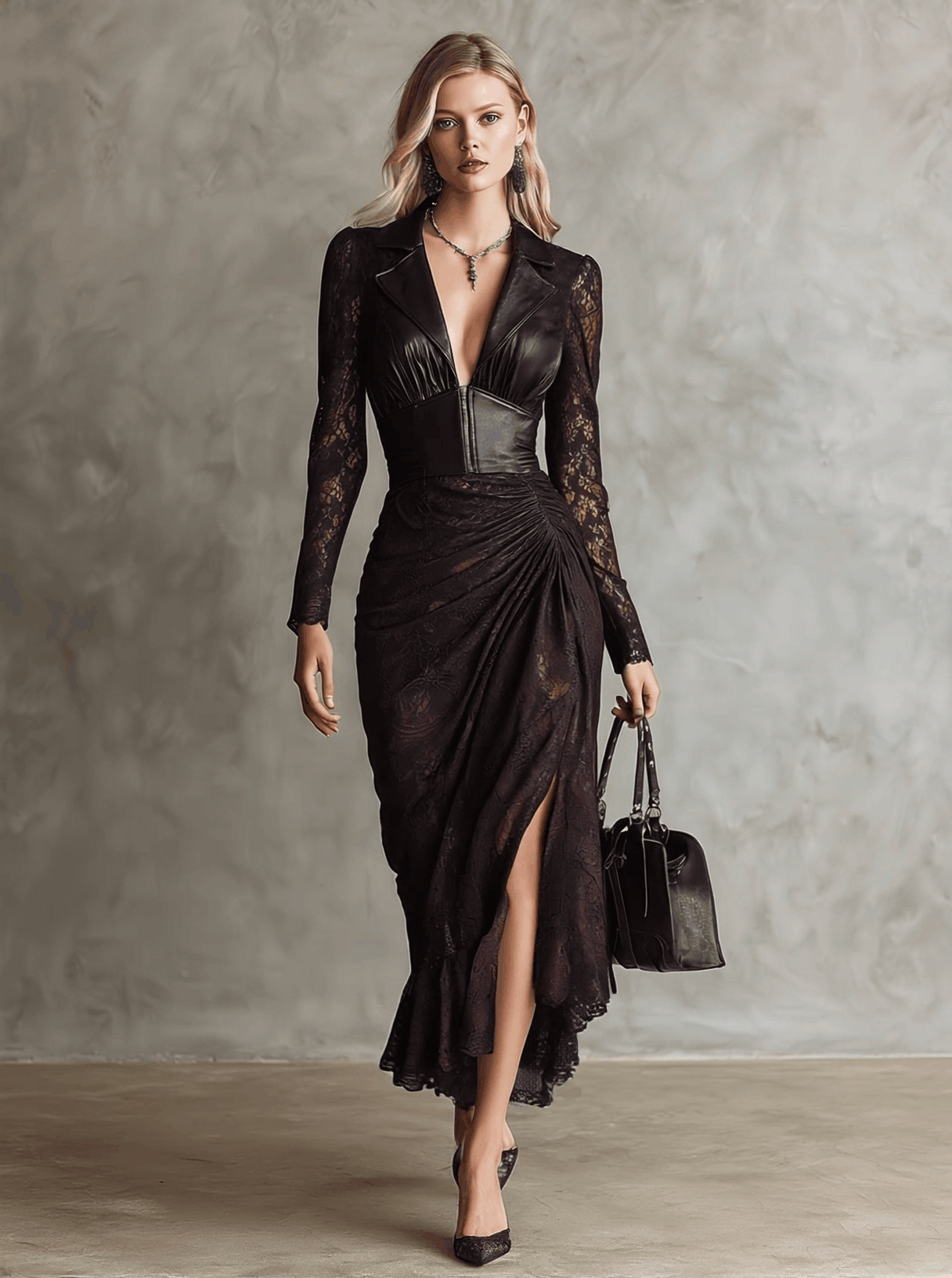 Retro High-end Brown-red Imitation Leather Stitching Lace Long-sleeved Maxi Dress