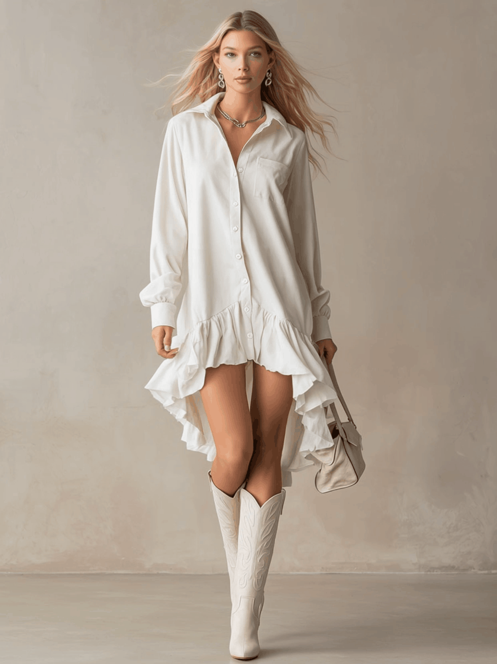 Stylish And Elegant Off-white Ruffled Tencel Denim Midi Dress