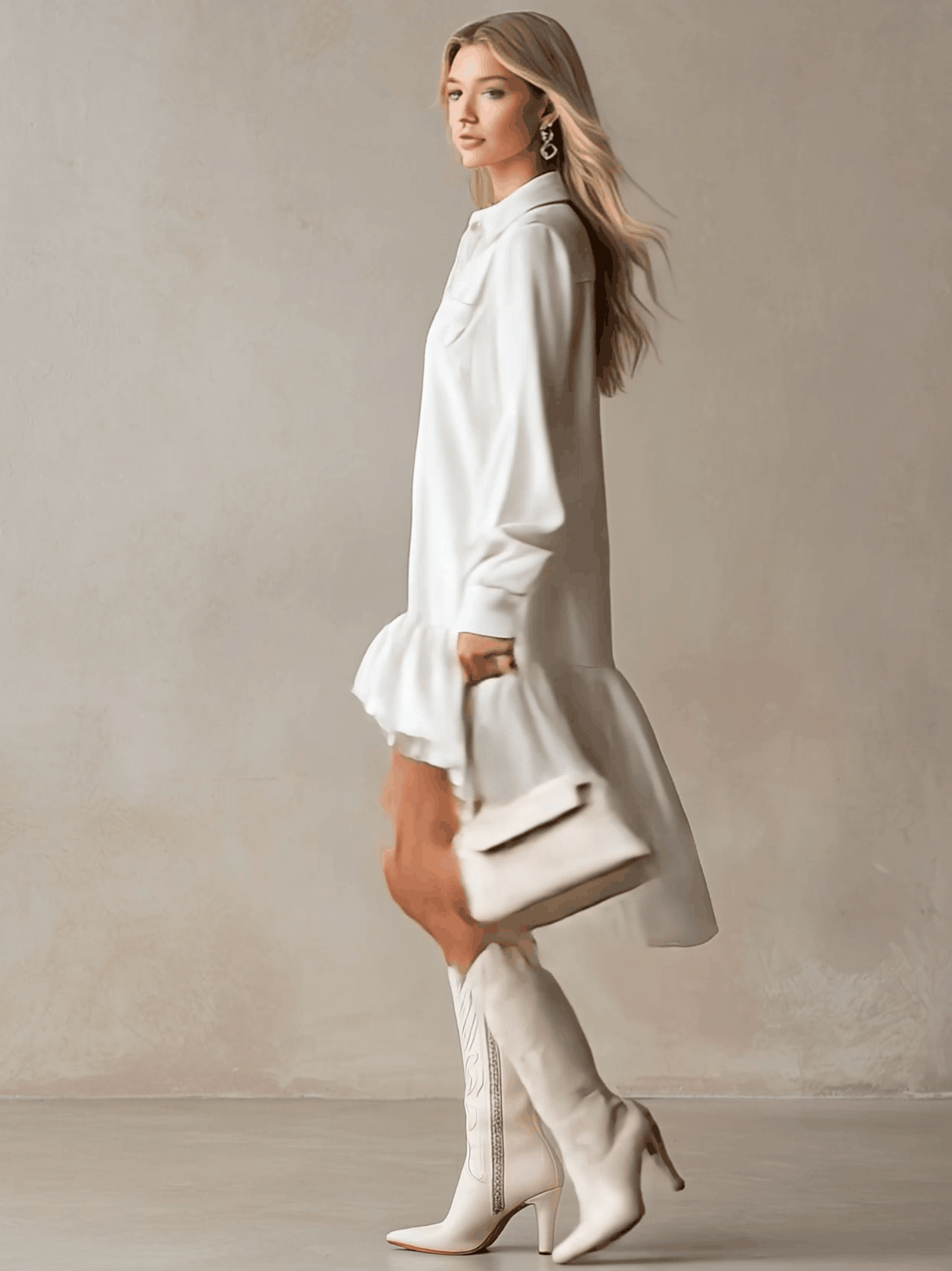 Stylish And Elegant Off-white Ruffled Tencel Denim Midi Dress