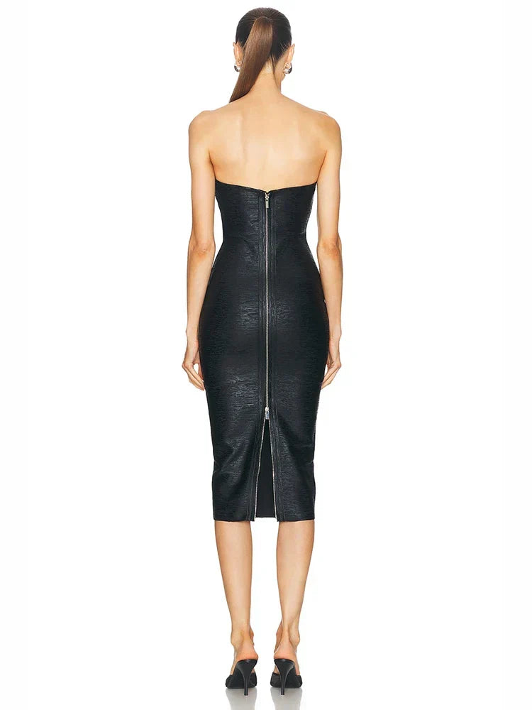 Strapless V-Neck Black Foil  Bandage Dress