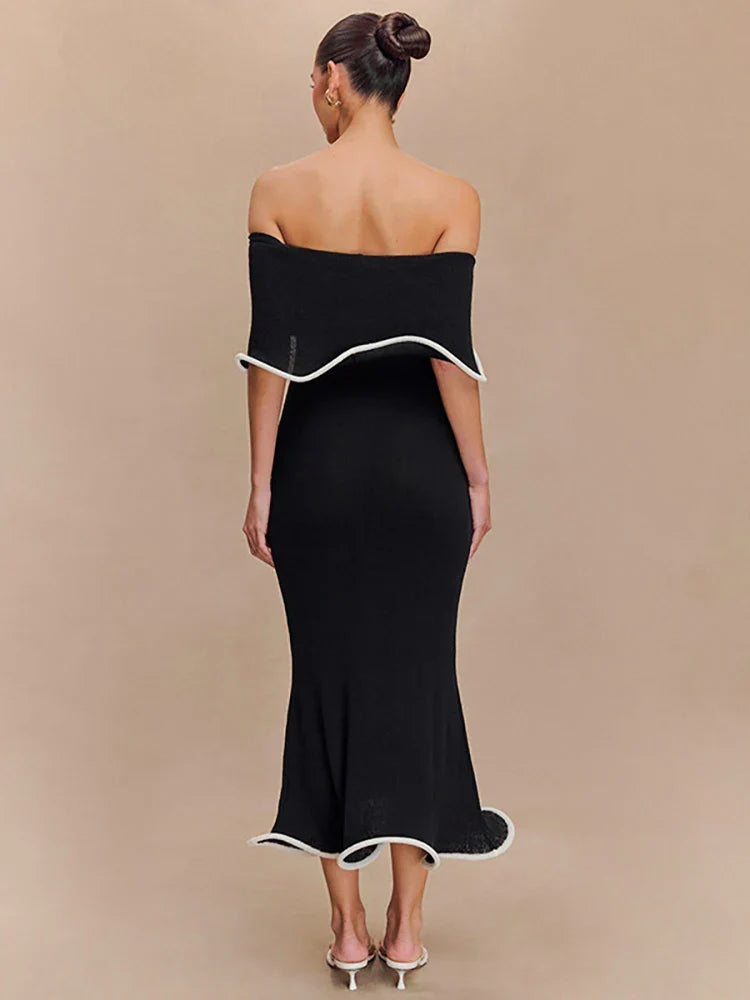 Strapless Ruffles Black Midi Dress