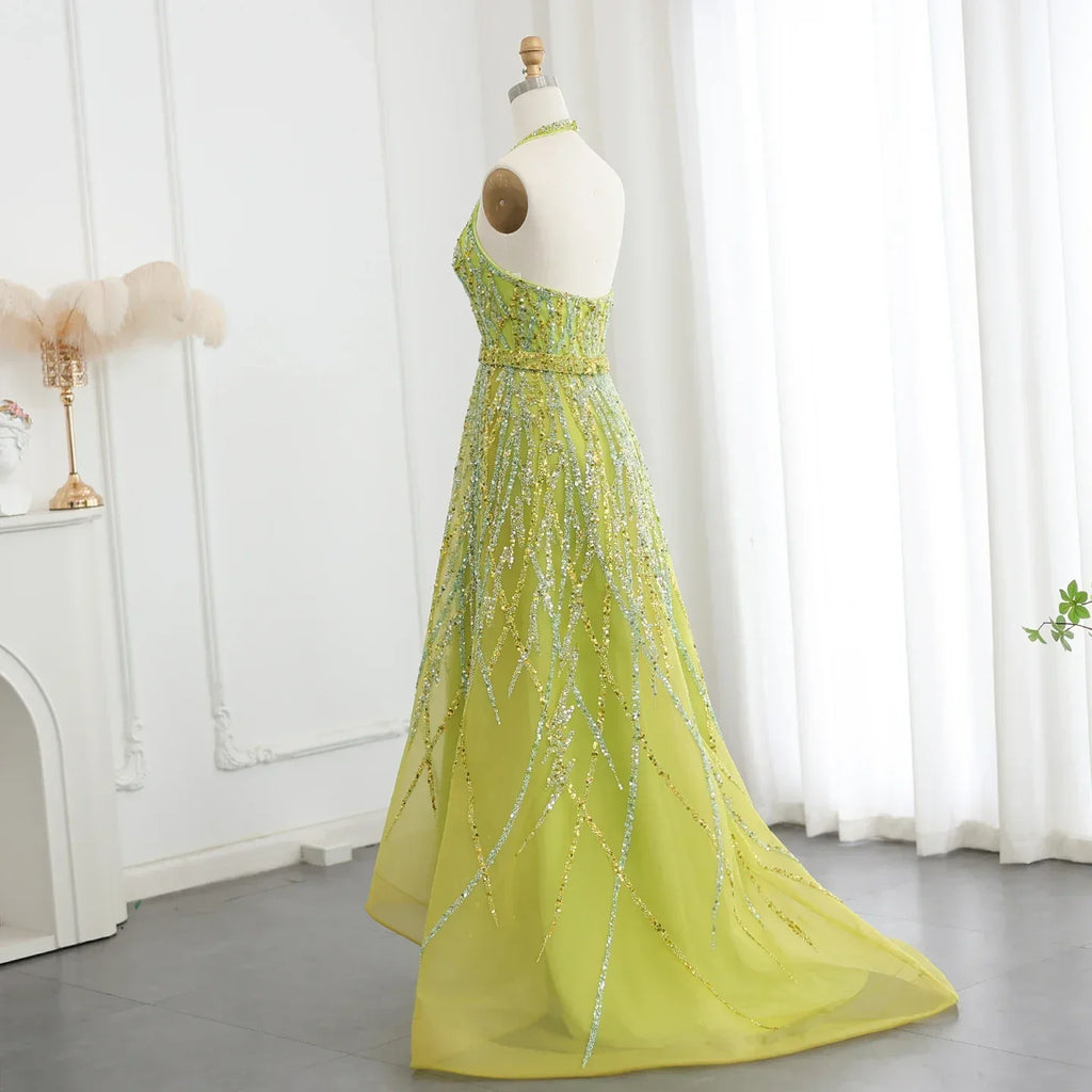 Beaded Halter A-Line Tulle Evening Dresses