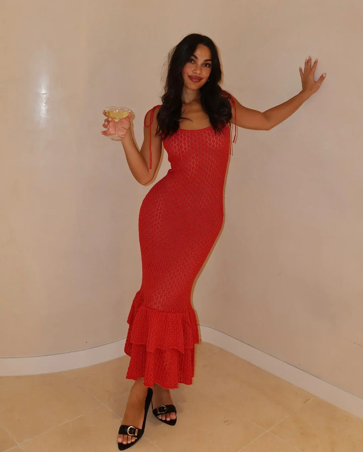 Crochet Maxi Dress with Ruffle Trim