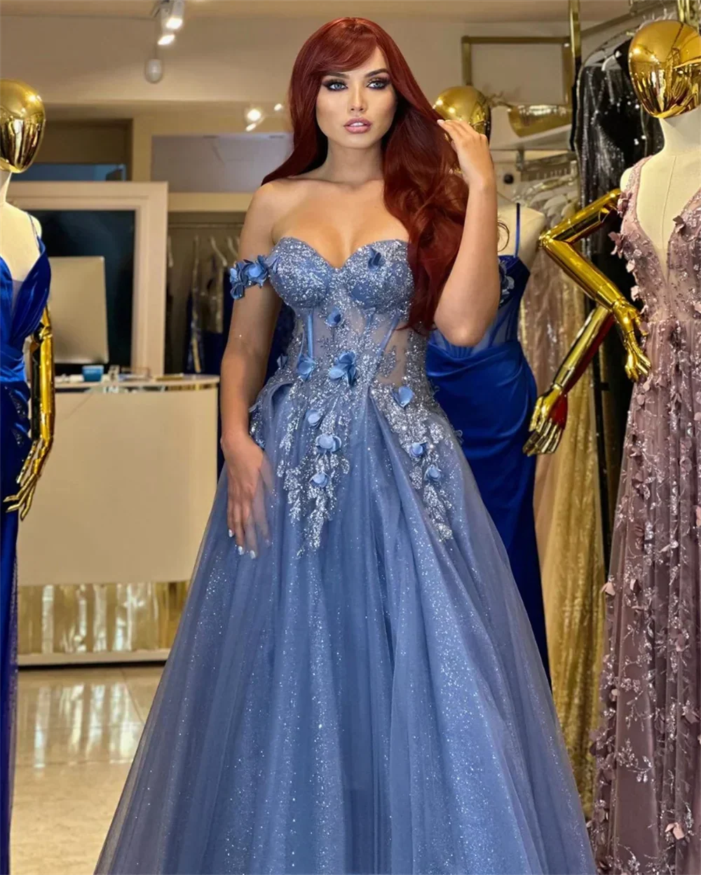 Grey-blue Glitter 3D Flowers Tulle Prom Dress