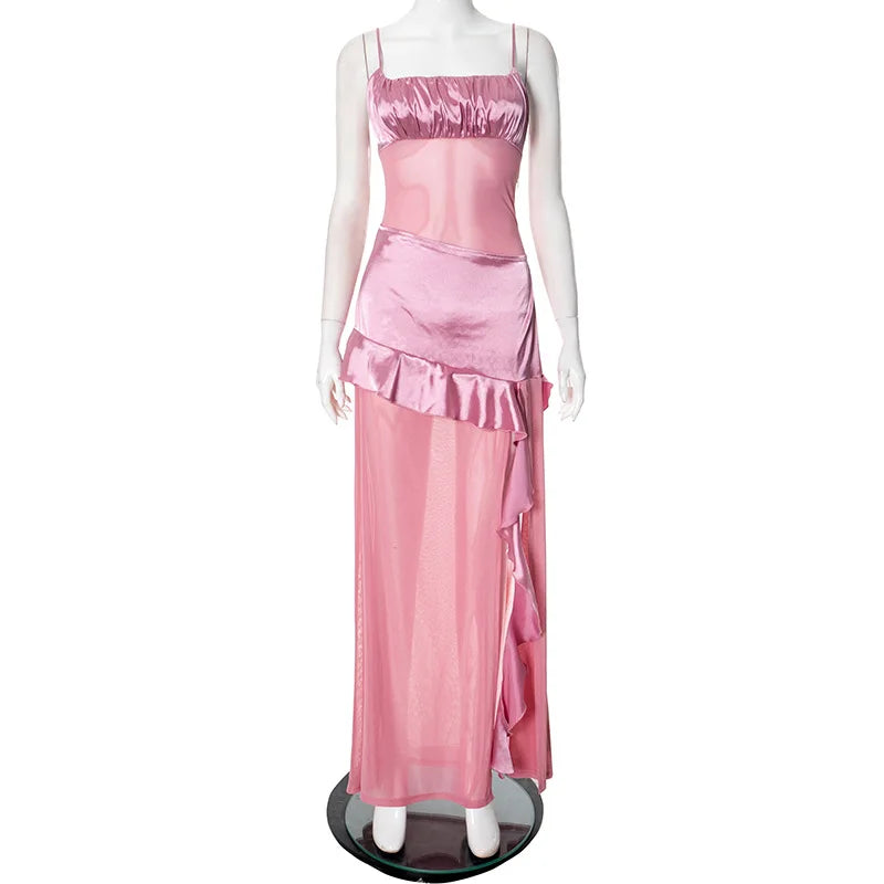 Pink Satin Patchwork Mesh Ruffle Slit Midi Dress