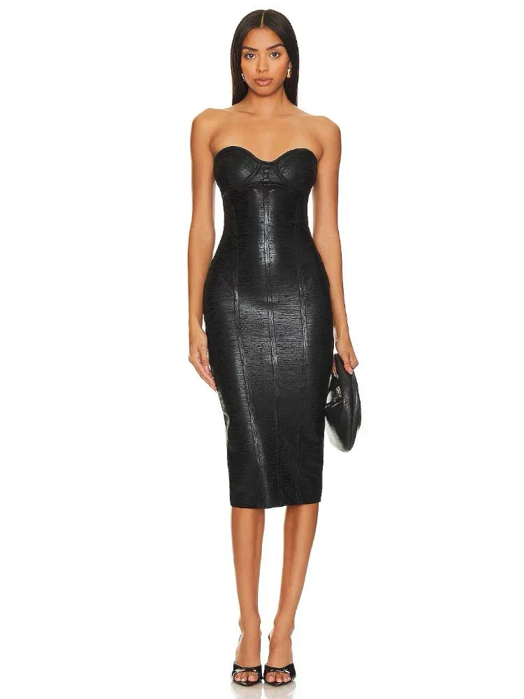 Strapless V-Neck Black Foil  Bandage Dress