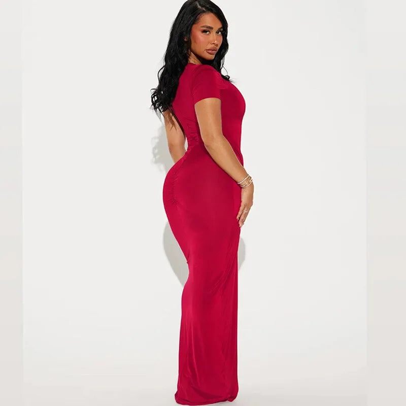 Solid Short Sleeve Ruched Maxi Dress