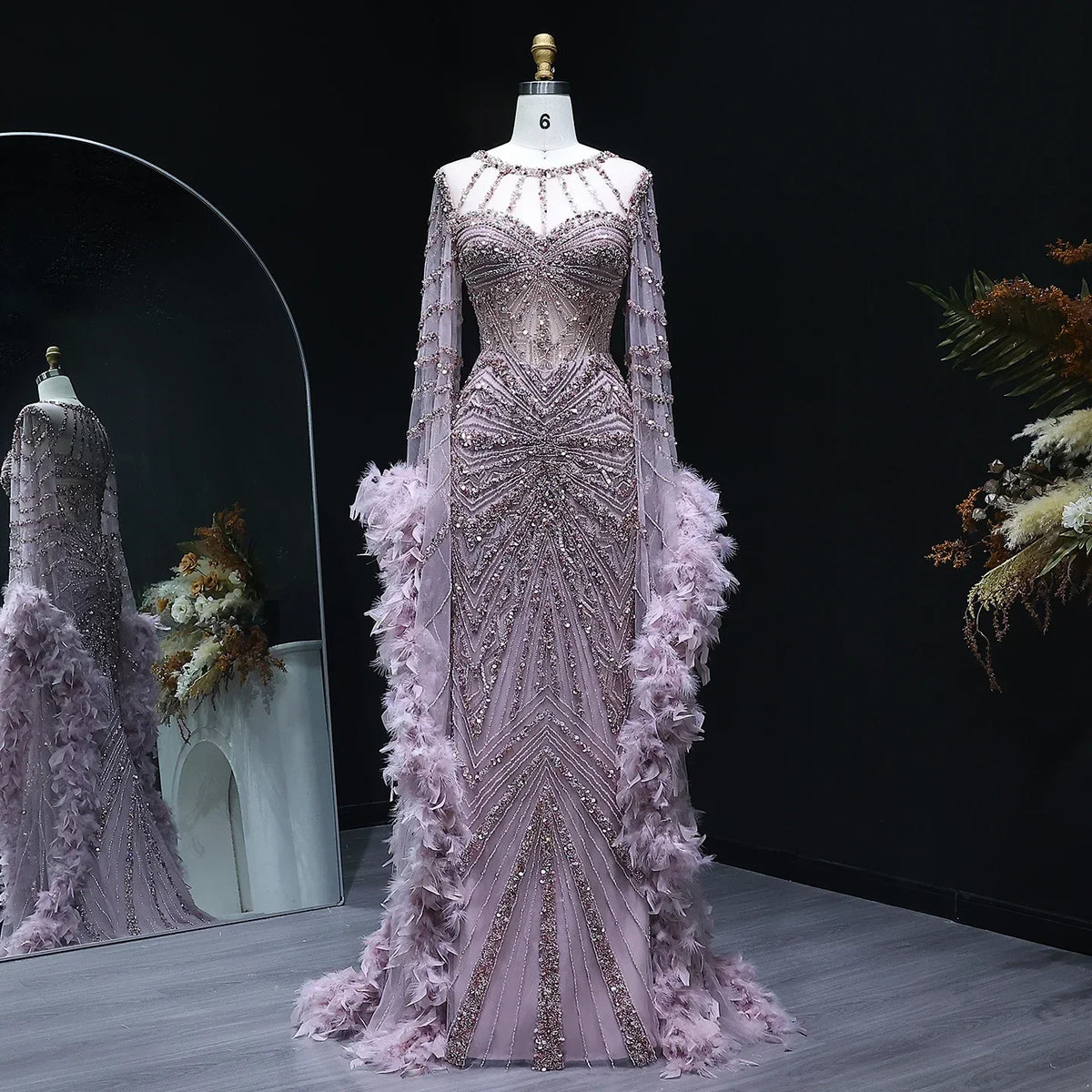 Beaded Mermaid Evening Dress with Feather Cape Sleeves