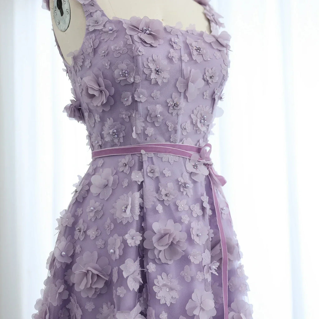 Lilac 3D Embroidered Flowers High Slit Evening Dress
