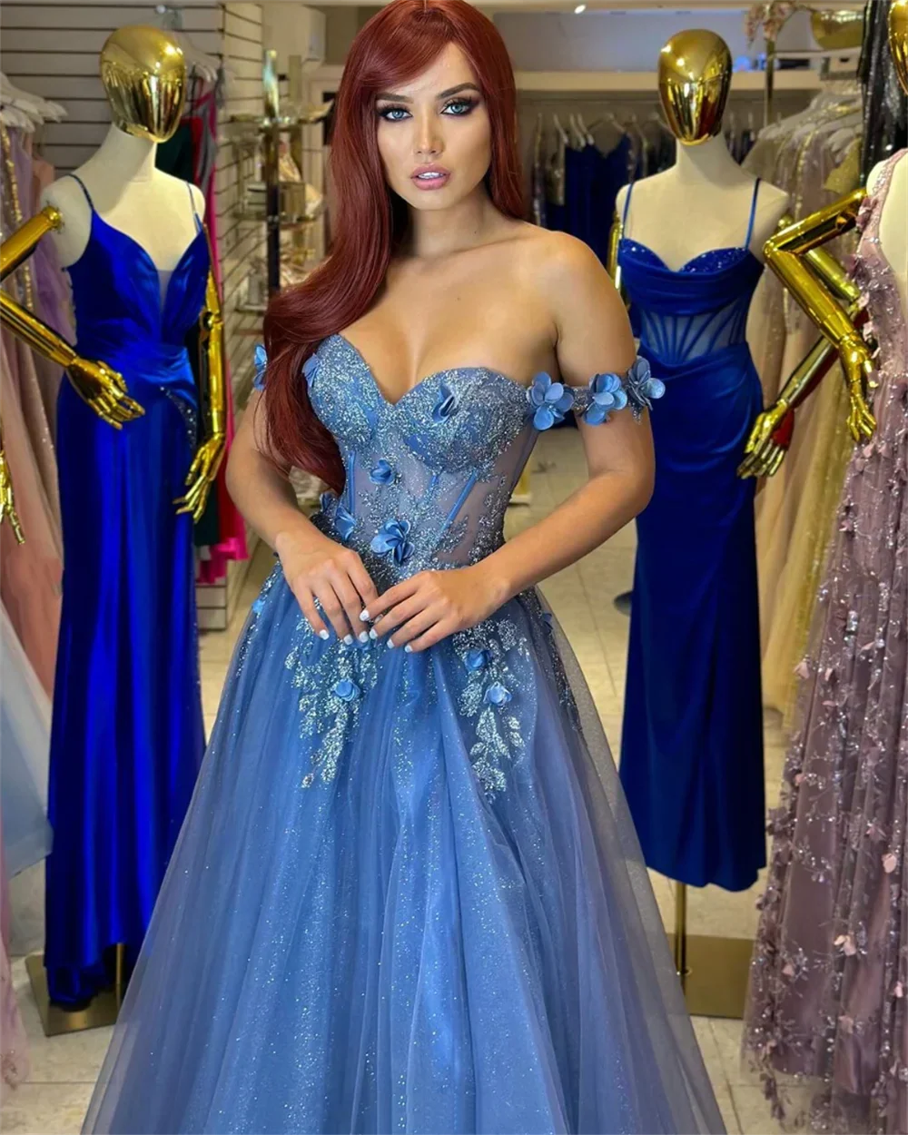 Grey-blue Glitter 3D Flowers Tulle Prom Dress
