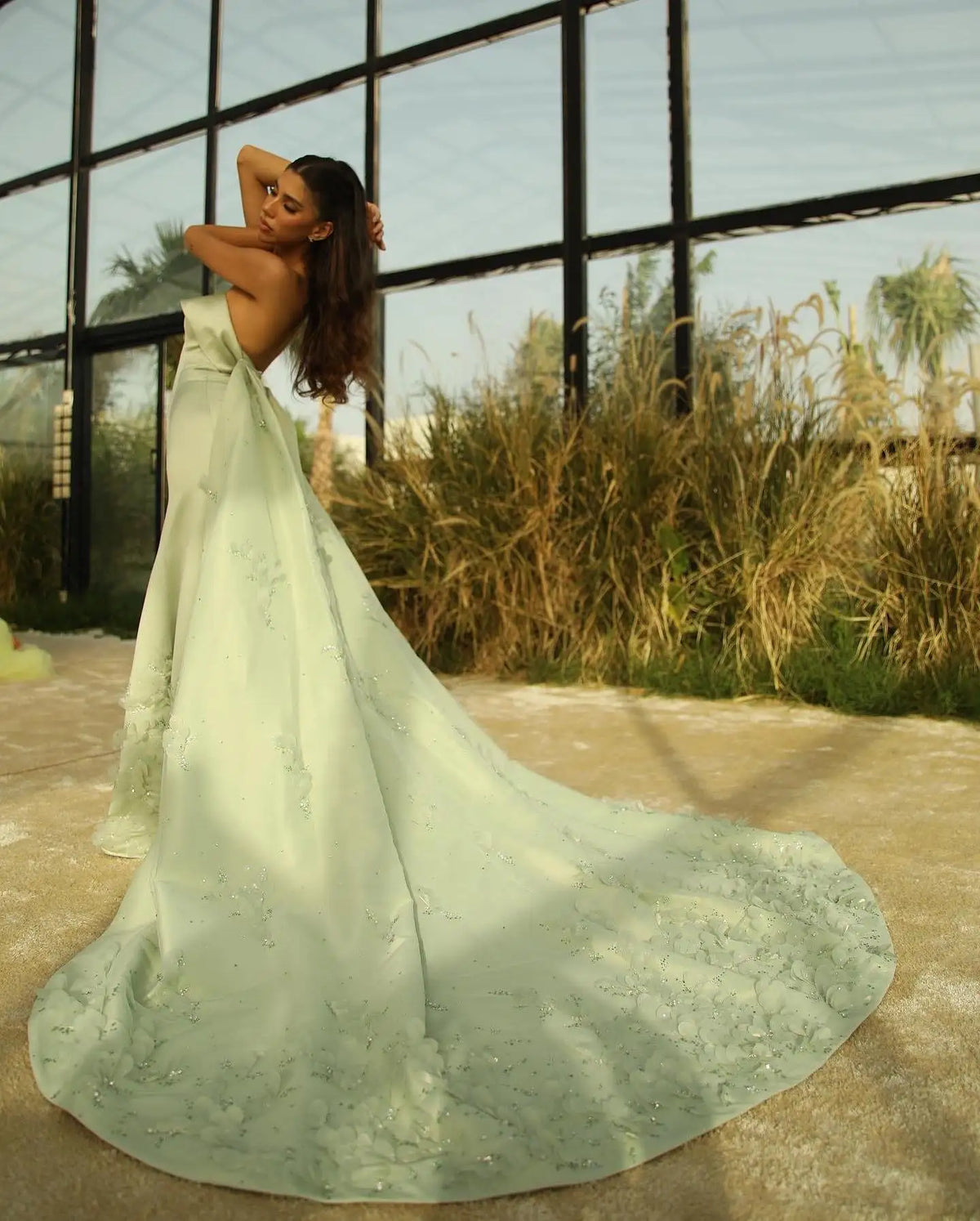 Crystal 3D flower Sage Green Satin Dress with Cape