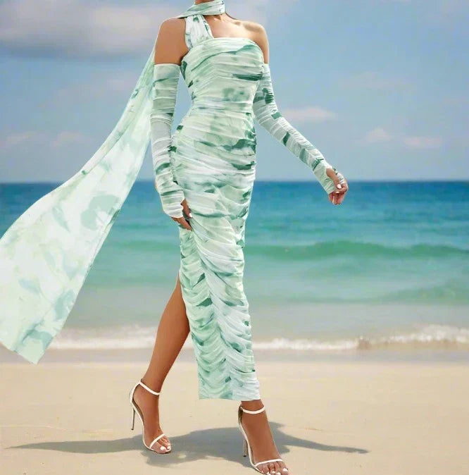 Halter Open Shoulder Printed Lace Fold Midi Dress