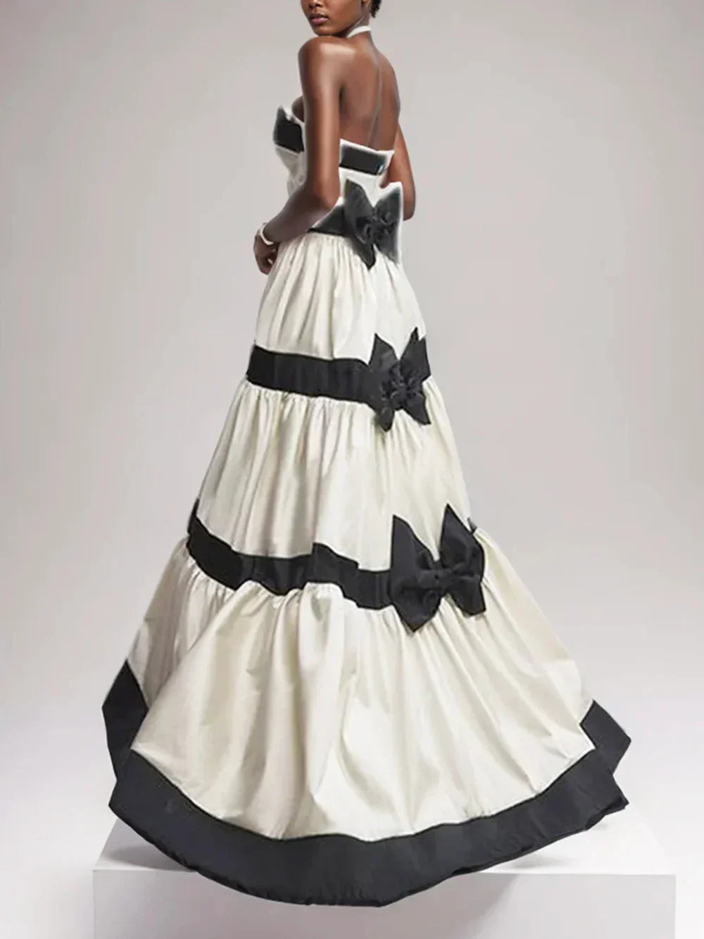 Colorblock Patchwork Bow Strapless Long Dress