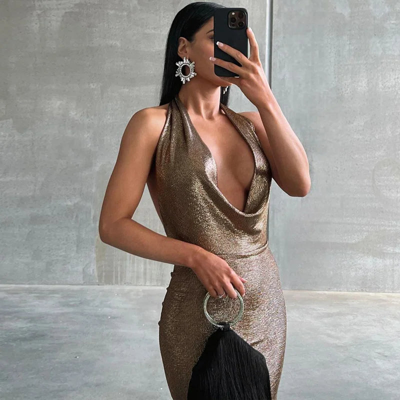 Halter Deep V Neck Sleeveless Fishtail Dress